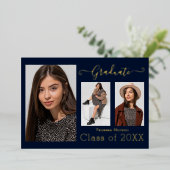 ゴールドフォイル3写真モダン書道ブルーグラードカード 箔招待状 (立ち正面)