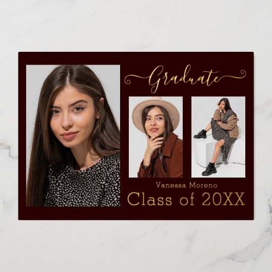 ゴールドフォイル3写真モダン書道Bgyグラードカード 箔招待状 (正面)