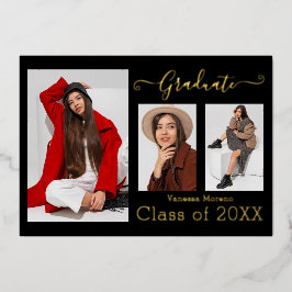 ゴールドフォイル3写真モダン書道BxWグラードカード 箔招待状