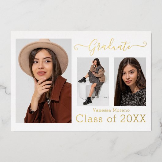 ゴールドフォイル3写真モダン書道Whtグラードカード 箔招待状 (正面)