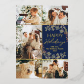 ゴールドフォイル5フォトファミリーコラージブルーホリデーカード 箔招待状 (正面)