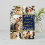 ゴールドフォイル5フォトファミリーコラージブルーホリデーカード 箔招待状 (立ち正面)