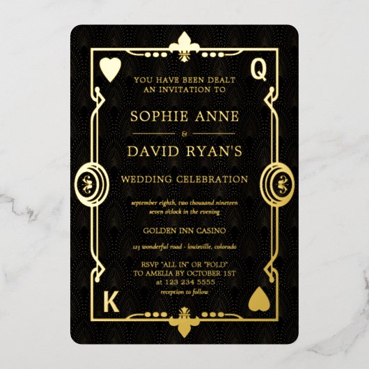 ゴールドフォイル カジノナイト ラスベガス ポーカー ウェディング 箔招待状 (正面)