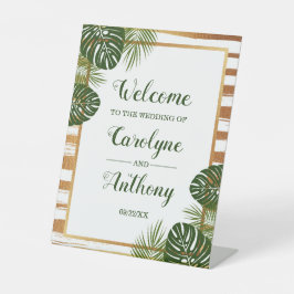 ゴールドフォイル&グリーンパームリーフビーチ結婚式へようこそ 台座サイン