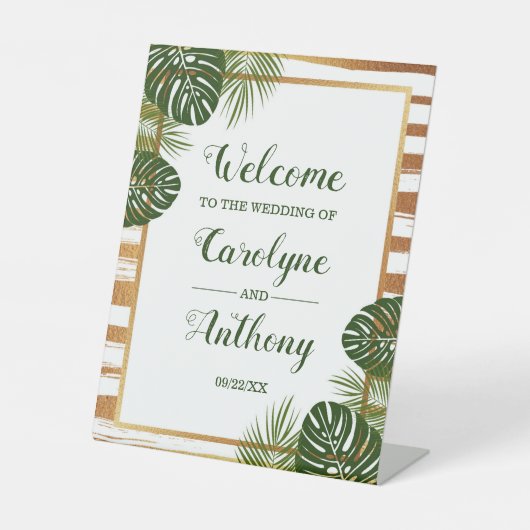 ゴールドフォイル&グリーンパームリーフビーチ結婚式へようこそ 台座サイン (正面)