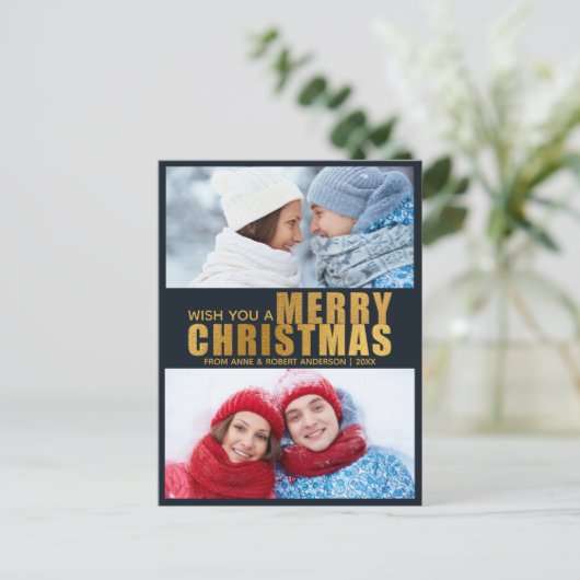ゴールドフォイル&ネイビーブルーメリーはっきりしたクリスマス2の写真 シーズンポストカード (スタンド正面)