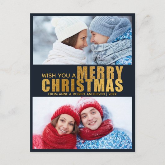 ゴールドフォイル&ネイビーブルーメリーはっきりしたクリスマス2の写真 シーズンポストカード (正面)