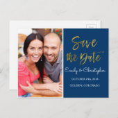 ゴールドフォイル&ネイビーブルー日付写真を保存 案内ポストカード (正面/裏面)