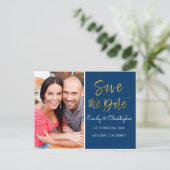 ゴールドフォイル&ネイビーブルー日付写真を保存 案内ポストカード (スタンド正面)