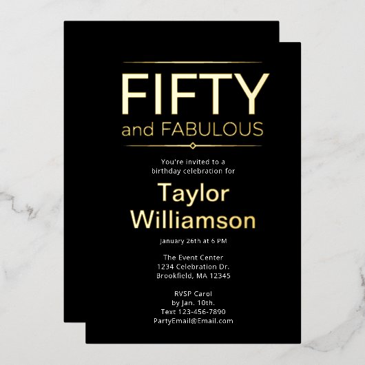 ゴールドフォイル フィフティ アンド ファビュラス ブラックホワイトスクリプト 箔招待状 (正面/裏面)