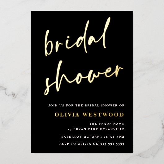 ゴールドフォイル&ブラックモダンブライダルシャワーゴールデン 箔招待状 (正面)