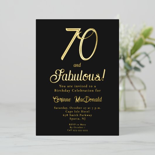 ゴールドフォイル ブラック 70歳の誕生日おめでとう パーティー 箔招待状 (立ち正面)