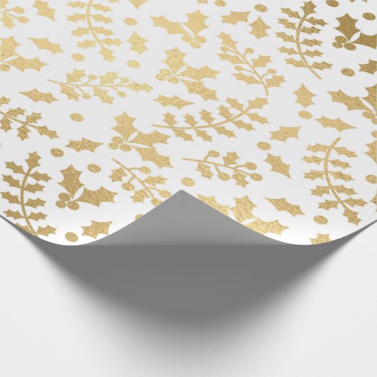 ゴールドフォイル&ホワイトホリー冬のクリスマス ラッピングペーパー (角)