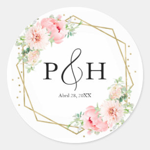 ゴールドフォイル モノグラム 幾何学 ピンクフラワー ウェディング ラウンドシール