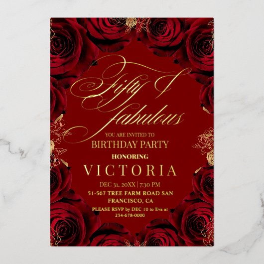 ゴールドフォイル&レッドローズ50thと素晴らしい誕生日 箔招待状 (正面)