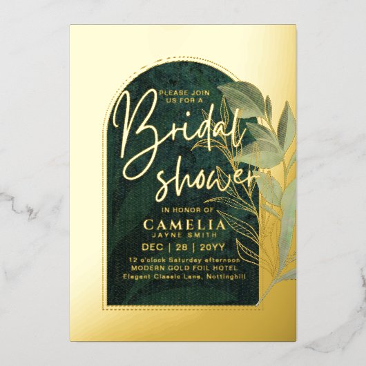 ゴールドフォイル 緑の葉 BRIDAL SHOWER QRコード 箔招待状 (正面)