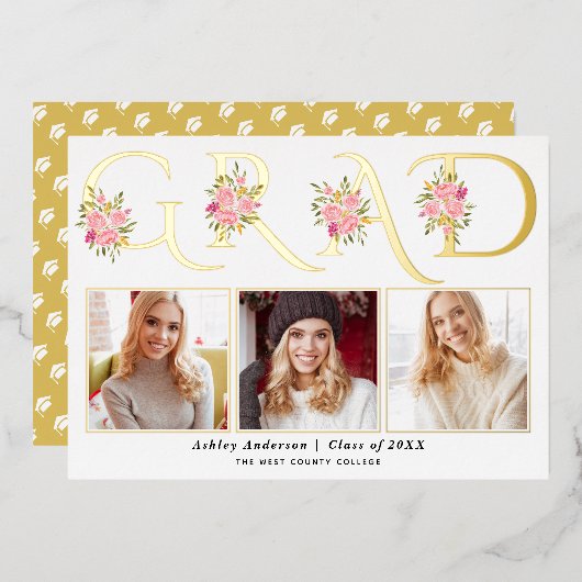 ゴールドフォイルGRADバラ写真卒業発表 箔招待状 (正面/裏面)