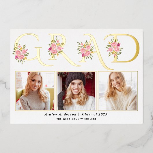 ゴールドフォイルGRADバラ写真卒業発表 箔招待状 (正面)