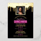 ゴールドフォイルPHOTOピンク15誕生日キンセアニェラフォイ 箔招待状 (正面)