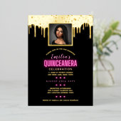 ゴールドフォイルPHOTOピンク15誕生日キンセアニェラフォイ 箔招待状 (立ち正面)