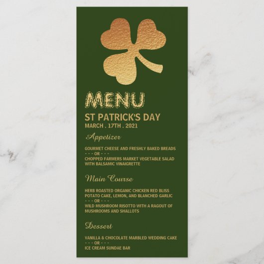 ゴールドフォイルShamrock, St Patrick's Dayメニューカード メニュー (正面)
