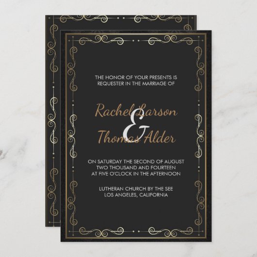 ゴールドフレームとスワール結婚式 招待状 (正面/裏面)