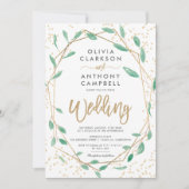ゴールドフレームのグリーン水彩スクリプト結婚式 招待状 (正面)