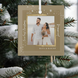 ゴールドフレームの写真 私たちの最初のクリスマス 結婚   ガラスオーナメント