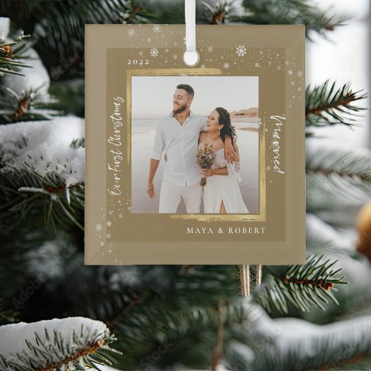 ゴールドフレームの写真 私たちの最初のクリスマス 結婚 ガラスオーナメント