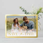 ゴールドフレームの結婚式延期通知 箔招待状 (立ち正面)