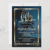 ゴールドフレームビーチサンセット50歳誕生日パーティー 招待状 (正面)