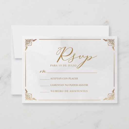 ゴールドフレームモチーフ 私たちの結婚式 スペイン語 ウェディング出欠確認 招待状 (正面)