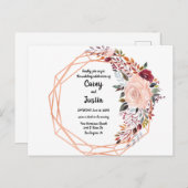 ゴールドフレーム幾何学模様の花のウェディング インビテーションポストカード (正面/裏面)