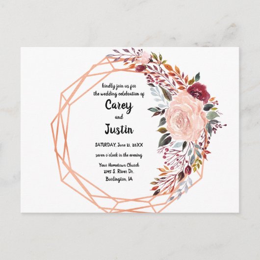 ゴールドフレーム幾何学模様の花のウェディング インビテーションポストカード (正面)