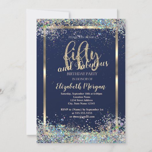ゴールドフレーム カラフルなコンフェッティ 50歳の誕生日パーティー 招待状 (正面)