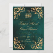 ゴールドフレーム ダークグリーン イスラム教 ムスリム 結婚式 招待状 (正面)