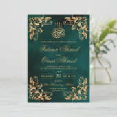 ゴールドフレーム ダークグリーン イスラム教 ムスリム 結婚式 招待状 (スタンド正面)