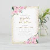 ゴールドフレーム ピンクの花 スペイン語のブライズシャワー 招待状 (スタンド正面)
