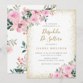 ゴールドフレーム ピンクの花 スペイン語のブライズシャワー 招待状 (正面/裏面)
