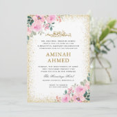 ゴールドフレーム ピンク フローラル イースラム アキーカ アキーカ 赤ちゃん 招待状 (スタンド正面)