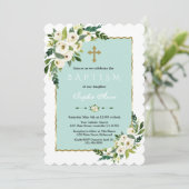 ゴールドフレーム 水彩 白 花 モチーフ 洗礼 招待状 (スタンド正面)