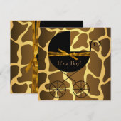 ゴールドブラウンの馬車の少年キリン赤ちゃんシャワー 招待状 (正面/裏面)