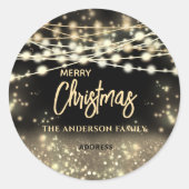 ゴールドブラックのストリングライトがきらきらと輝く メリークリスマス ラウンドシール (正面)