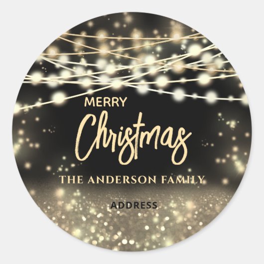 ゴールドブラックのストリングライトがきらきらと輝く メリークリスマス ラウンドシール (正面)