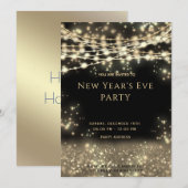 ゴールドブラックのストリングライト 新年の夜 招待状 (正面/裏面)