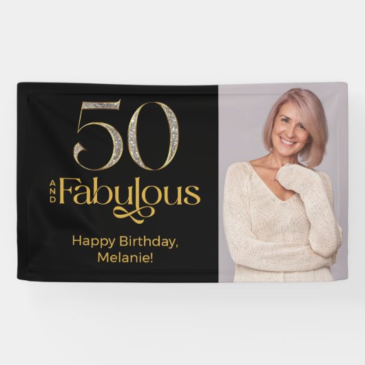 ゴールドブラックの50歳の誕生日お祝いフォト 横断幕 (横)