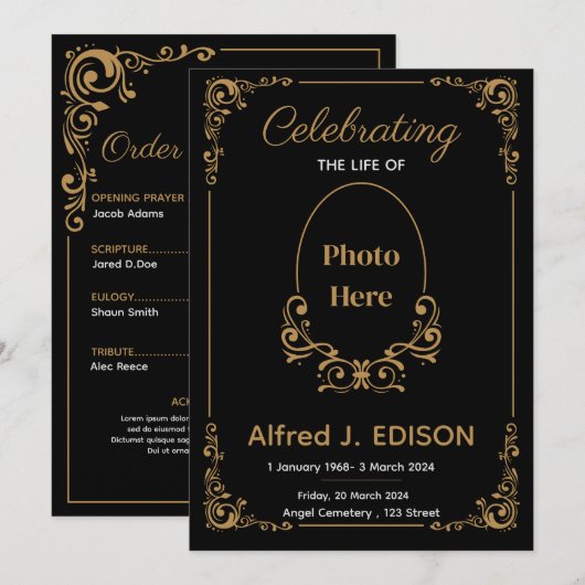 ゴールドブラック葬儀プログラム、葬儀追悼式 招待状 (正面/裏面)