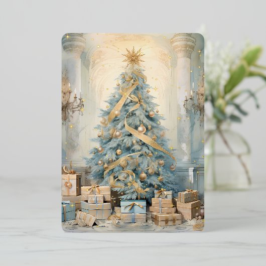 ゴールドブルーのヴィンテージクリスマスツリーホリデーカード 箔シーズンカード (立ち正面)