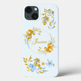 ゴールドブルーの冬の花柄カスタムデザイン iPhone 13ケース
