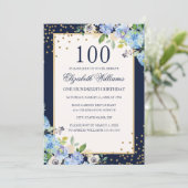 ゴールドブルーの花柄スパークル100歳の誕生日招待状 招待状 (スタンド正面)